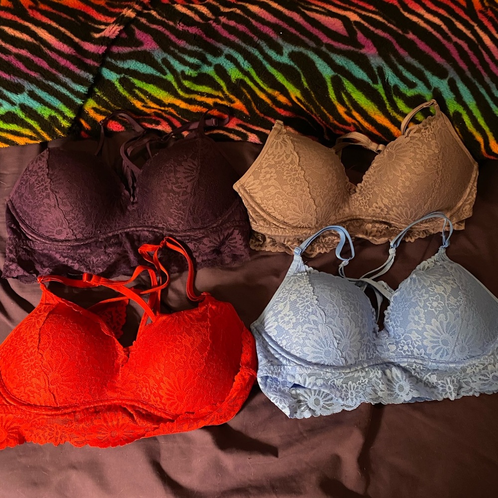 SOLD: 3 VS Pink Strappy Back Lace Push-up Bralettes Medium